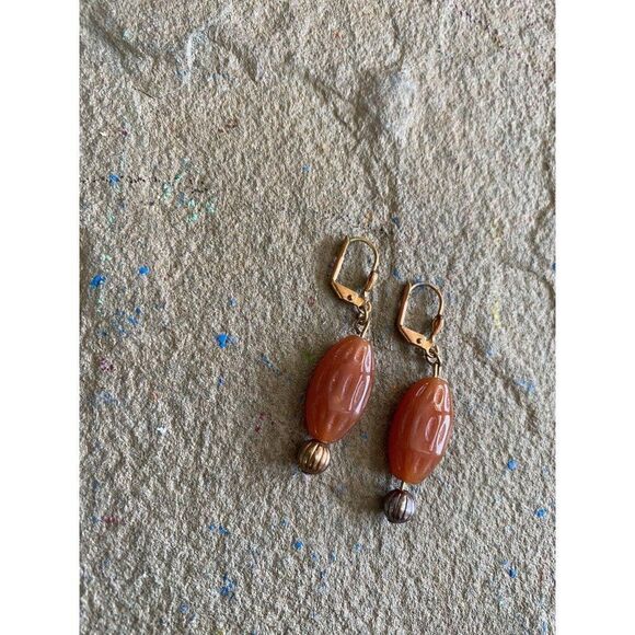 Vintage Earrings Dangle Copper Glass Orange Stone 1.75 Inches Beaded - Picture 4 of 4